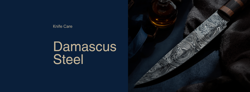 Close-up of a Damascus steel knife blade being cared for