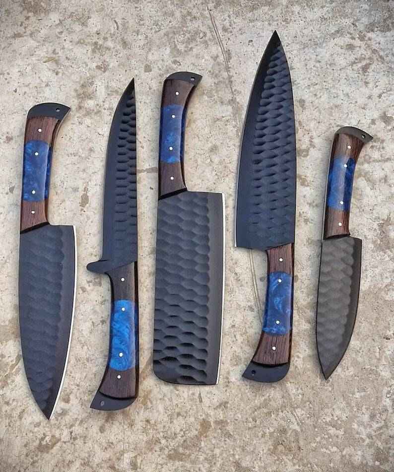 Hand forged D2 steel chef knife set, black powder coated, 5-piece