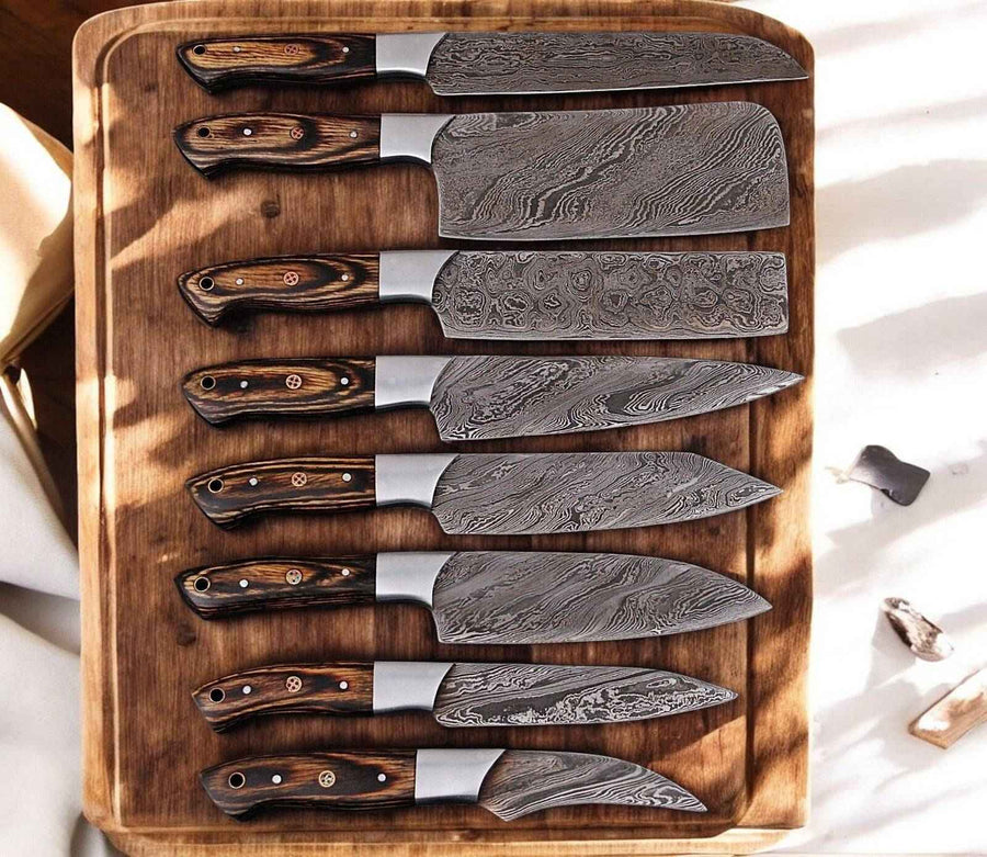 Handmade Damascus steel kitchen knife set with exotic wood handles