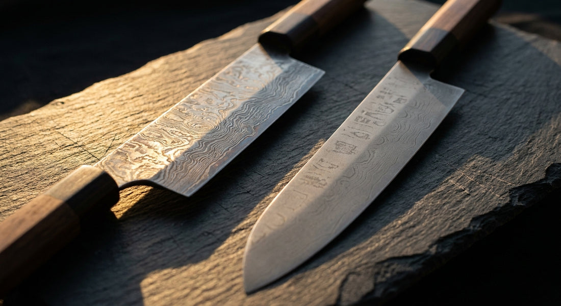 Two Damascus-style knives laid side by side on a dark slate surface, one revealing authentic flowing steel patterns under warm directional light, the other appearing flat and unconvincing.