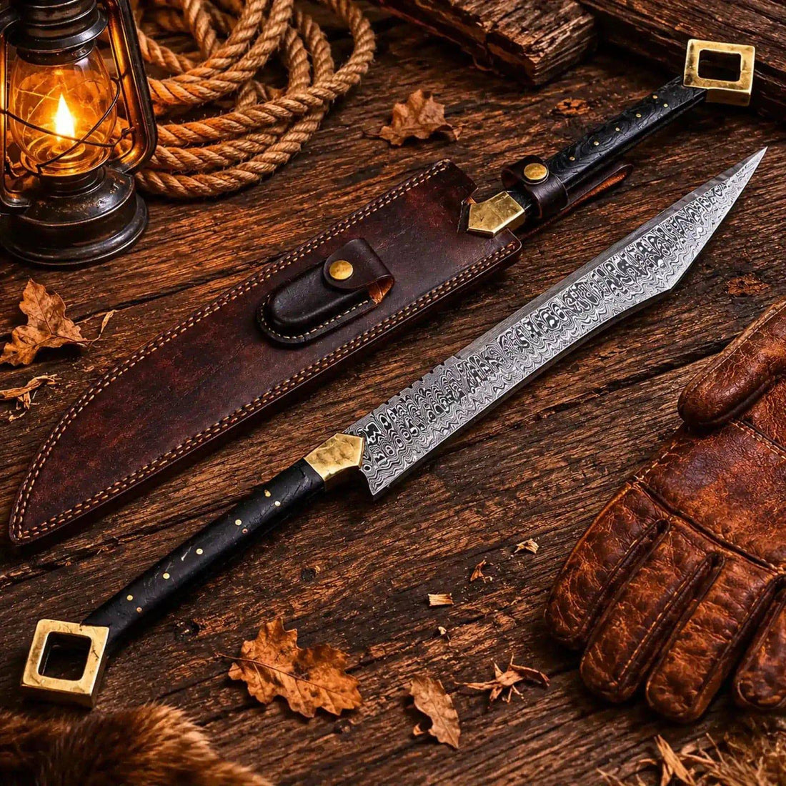 Hand-forged Damascus steel Viking sword with leather sheath from Relic & Reel