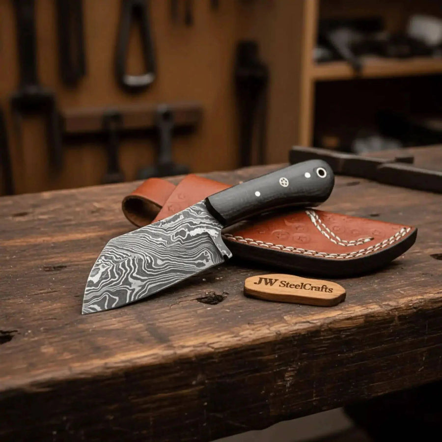 Wide-belly Damascus skinning knife with black Micarta handle and leather sheath