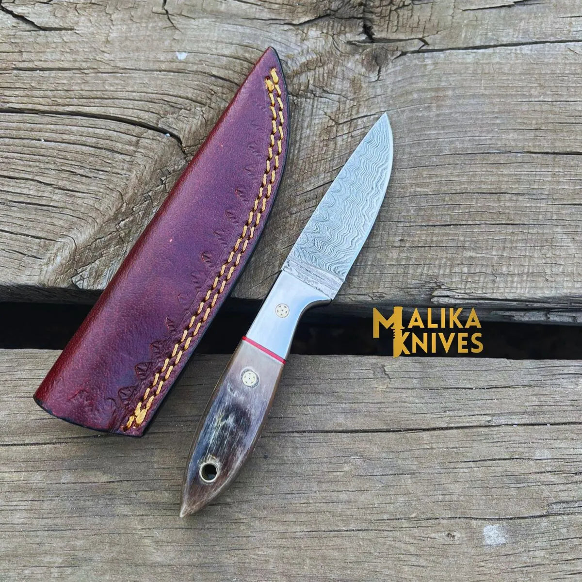 Exceptional Damascus Steel Skinner Knife with Genuine Ram Horn Handle - Ultimate Precision for Hunting and Outdoor Enthusiasts-0026