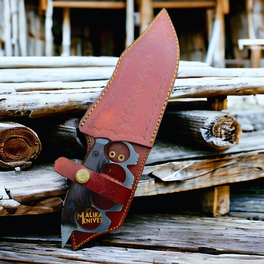 D2 Knuckle Bowie Knife Wenge Wood Full Tang Leather sheath