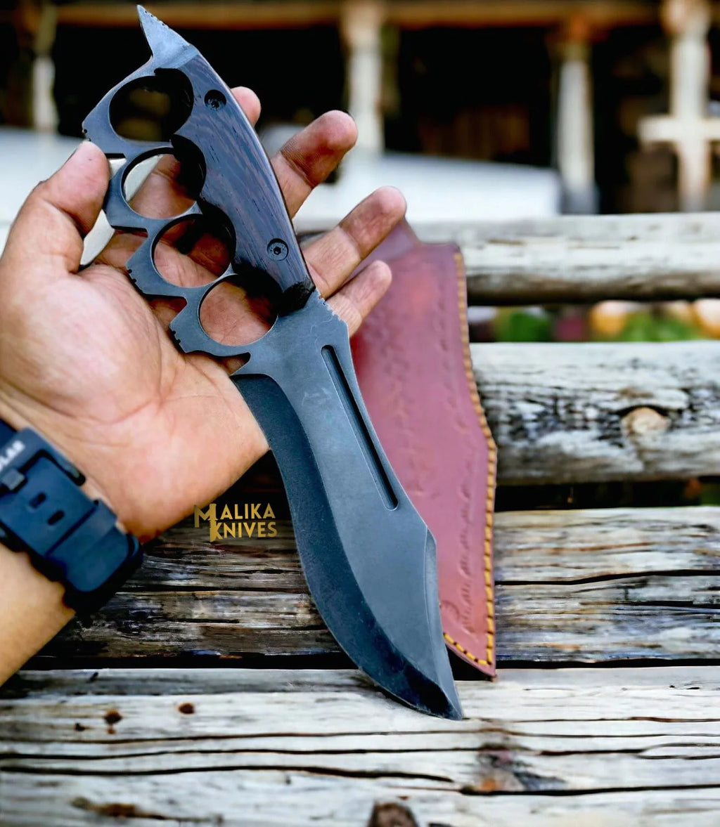 D2 Knuckle Bowie Knife Wenge Wood Full Tang Leather sheath