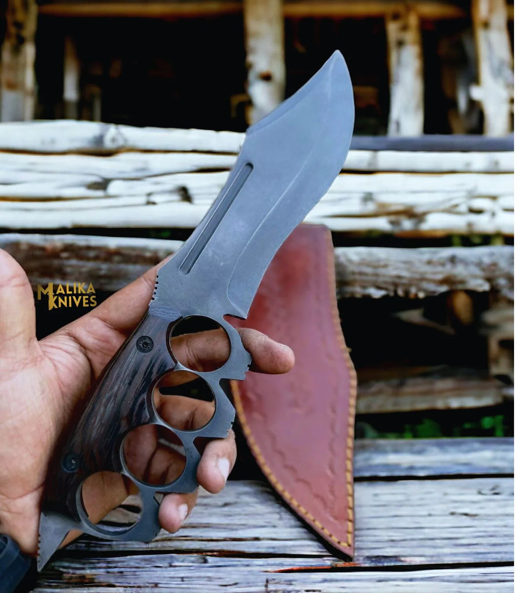 D2 Knuckle Bowie Knife Wenge Wood Full Tang Leather sheath