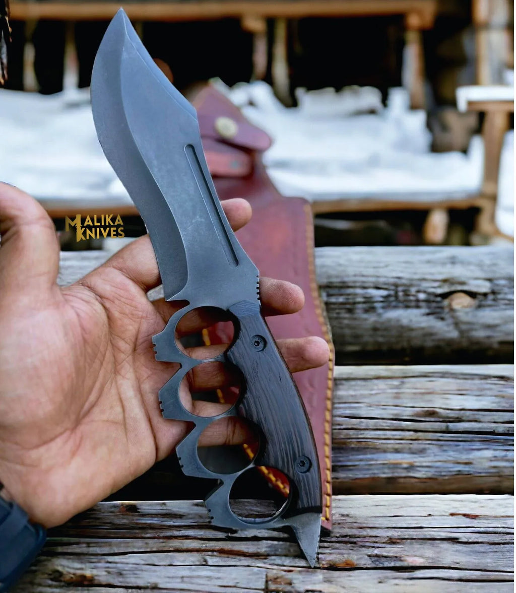 D2 Knuckle Bowie Knife Wenge Wood Full Tang Leather sheath