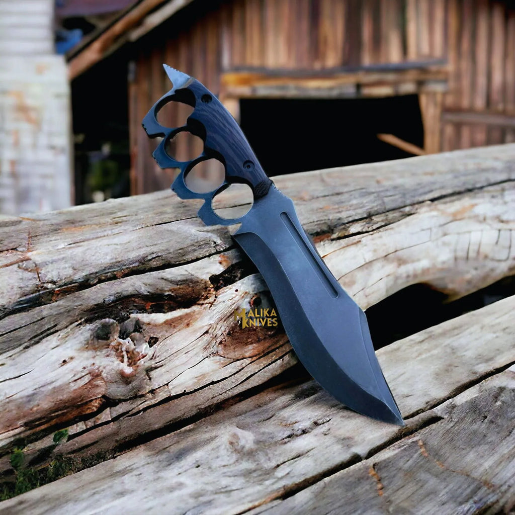 D2 Knuckle Bowie Knife Wenge Wood Full Tang Leather sheath
