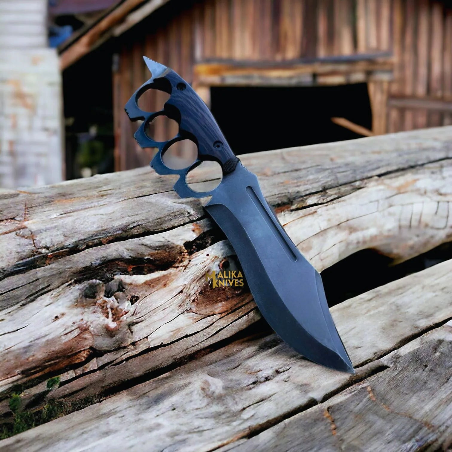 D2 Knuckle Bowie Knife Wenge Wood Full Tang Leather sheath
