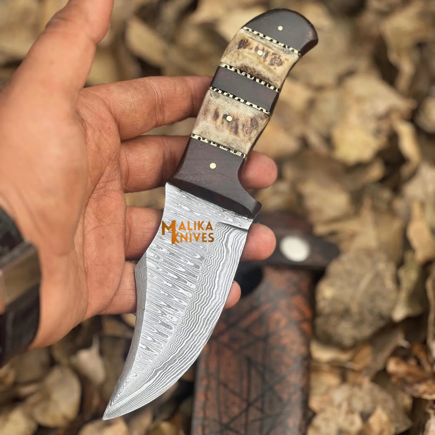 SS Damascus Stag Skinner Knife with Custom Leather Sheath-0047