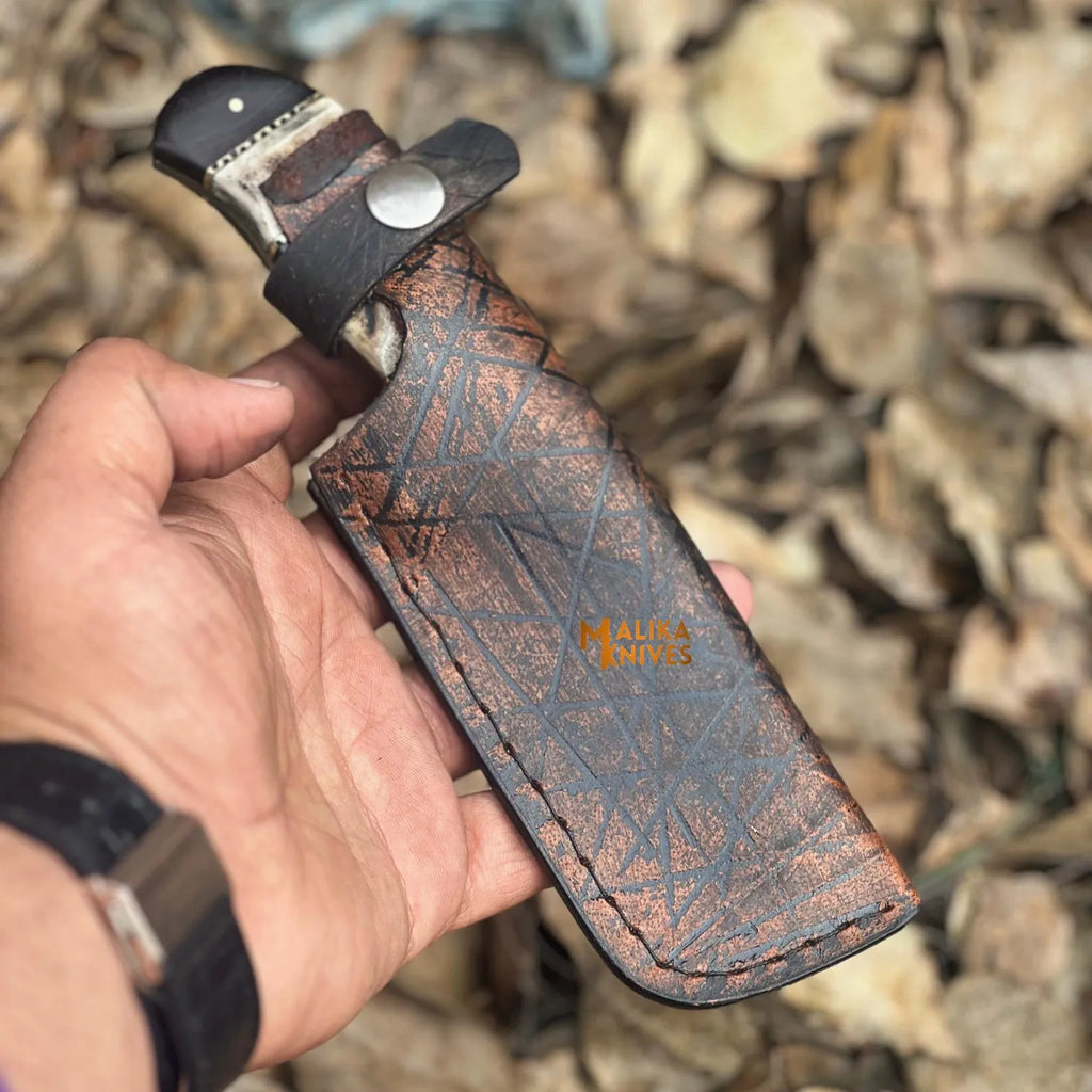SS Damascus Stag Skinner Knife with Custom Leather Sheath-0047