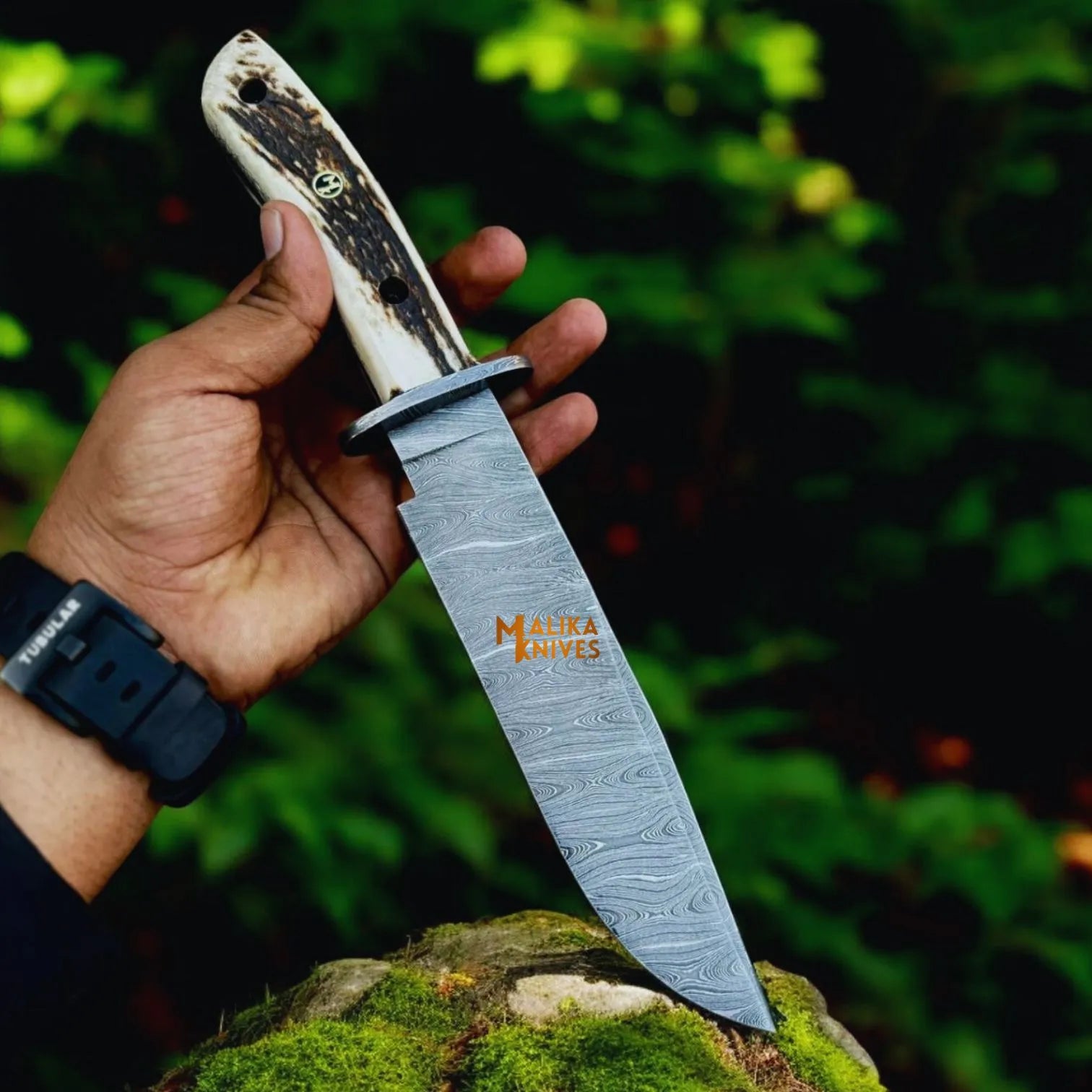 Damascus Stag Handle Bowie Knife Full Tang
