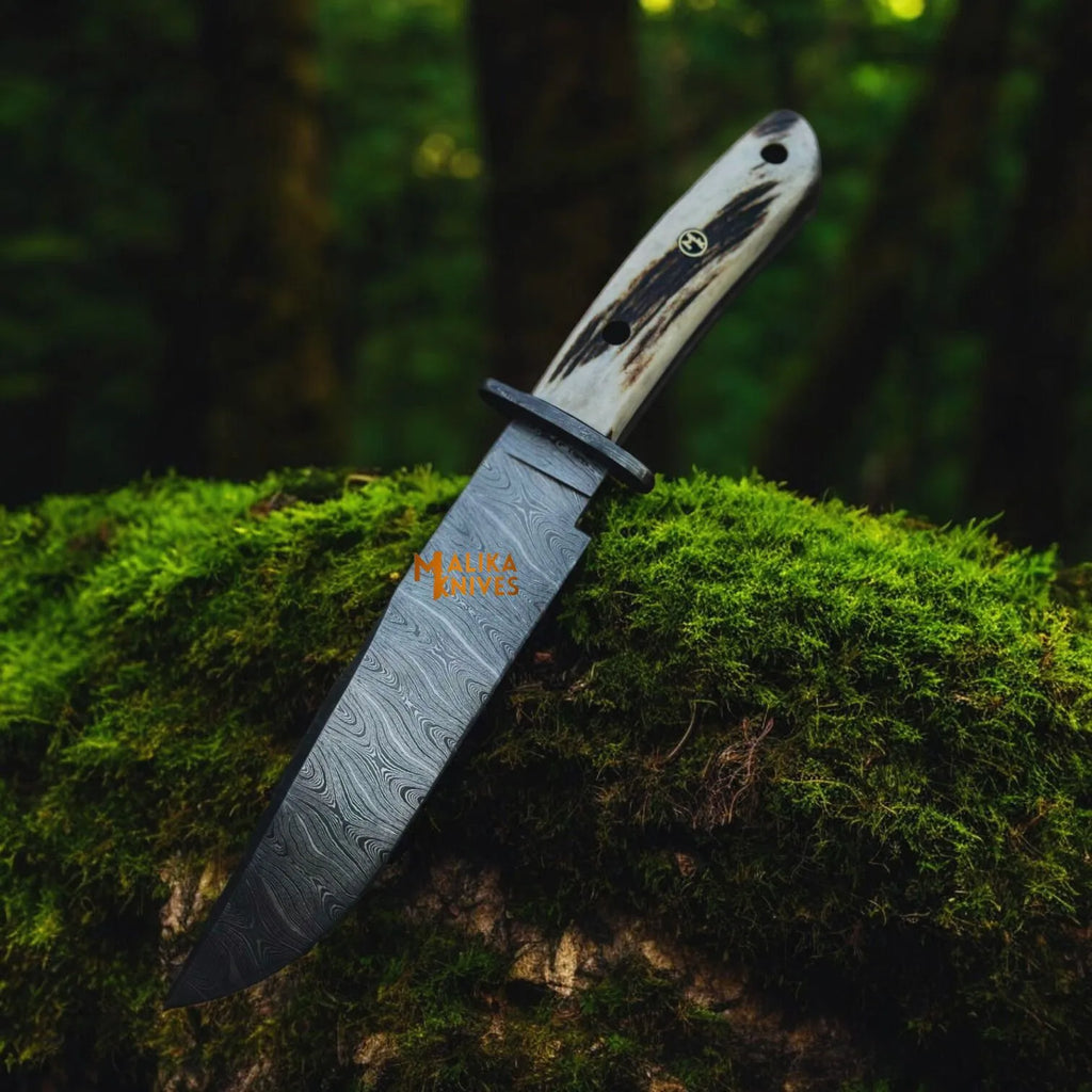 Damascus Stag Handle Bowie Knife Full Tang