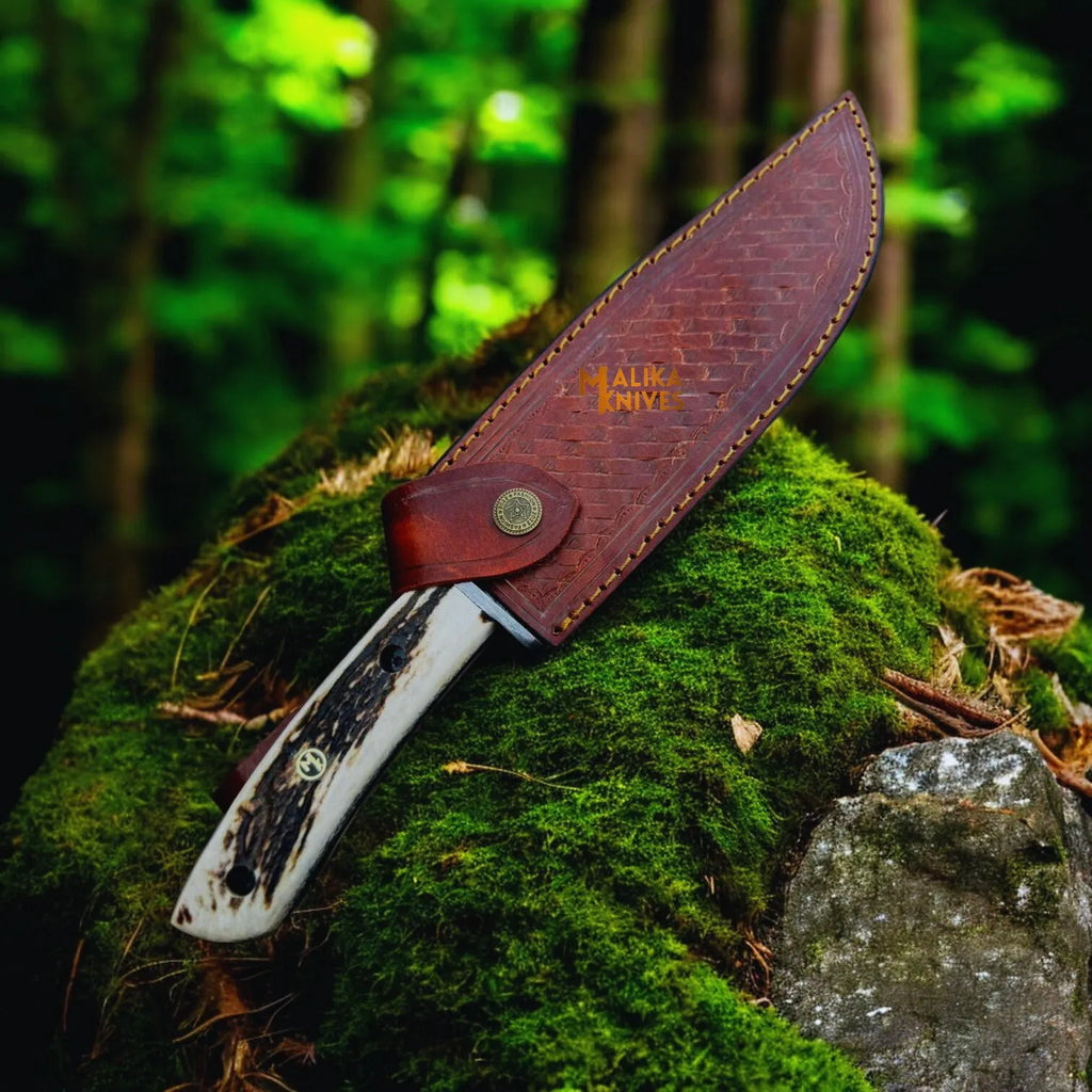 Damascus Stag Handle Bowie Knife Full Tang
