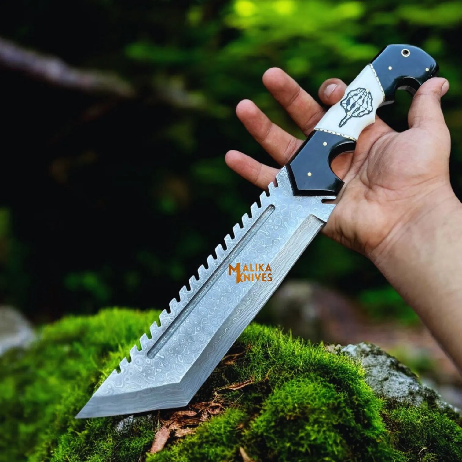 Damascus Tracker Bowie Knife Resin Handle Outdoor Sheath