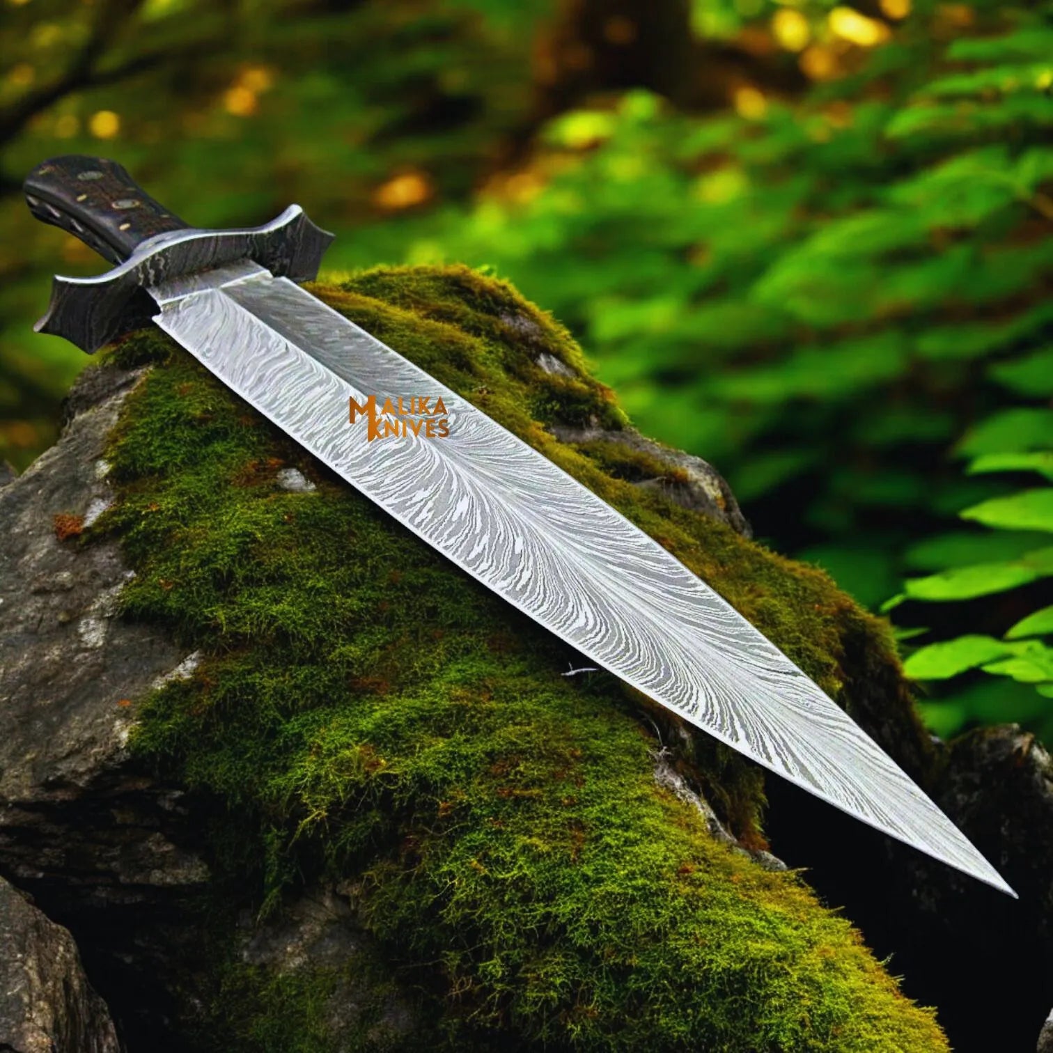 Feather Damascus Bowie Knife G10 Handle Leather Sheath