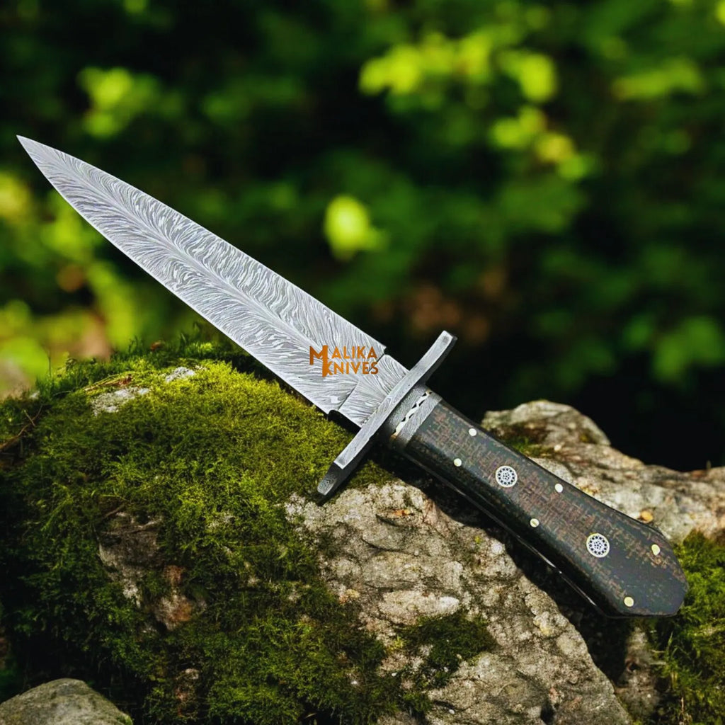 Feather Damascus Bowie Knife G10 Handle Leather Sheath