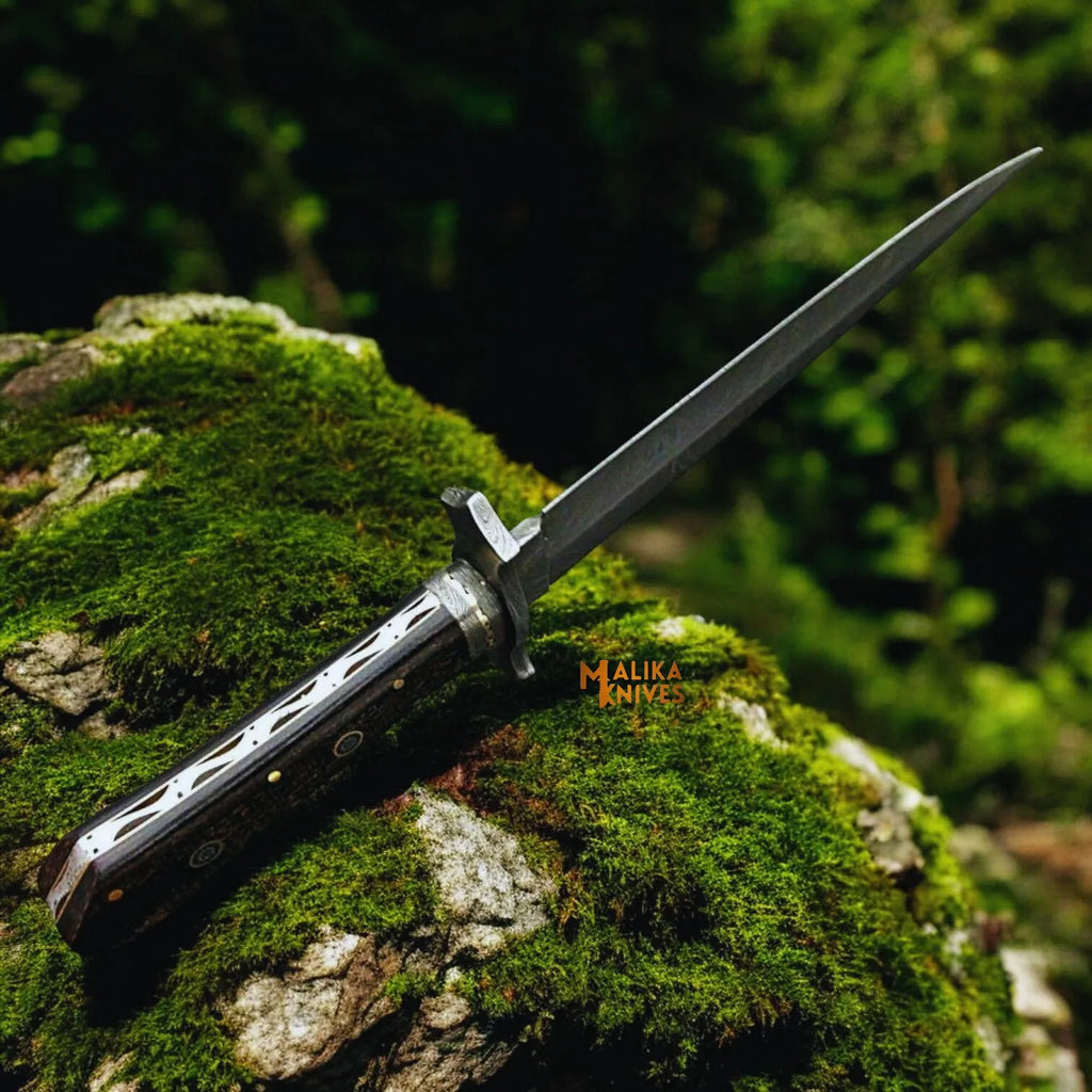 Feather Damascus Bowie Knife G10 Handle Leather Sheath