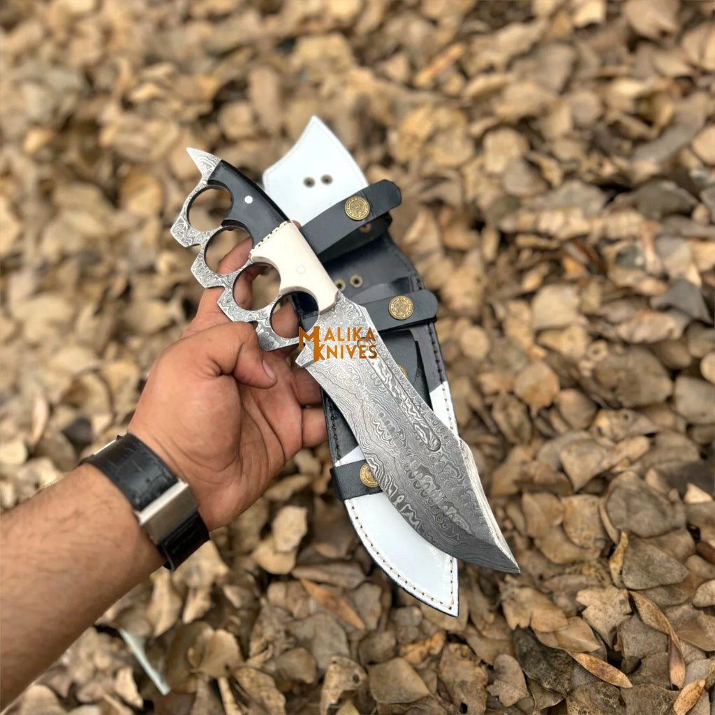 Damascus Knuckle Bowie Knife Resin Handle Leather Sheath