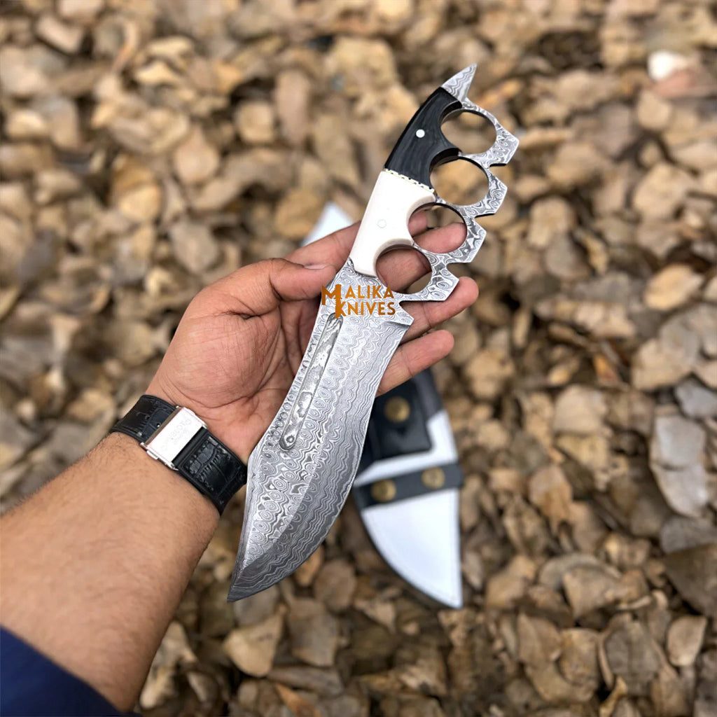 Damascus Knuckle Bowie Knife Resin Handle Leather Sheath