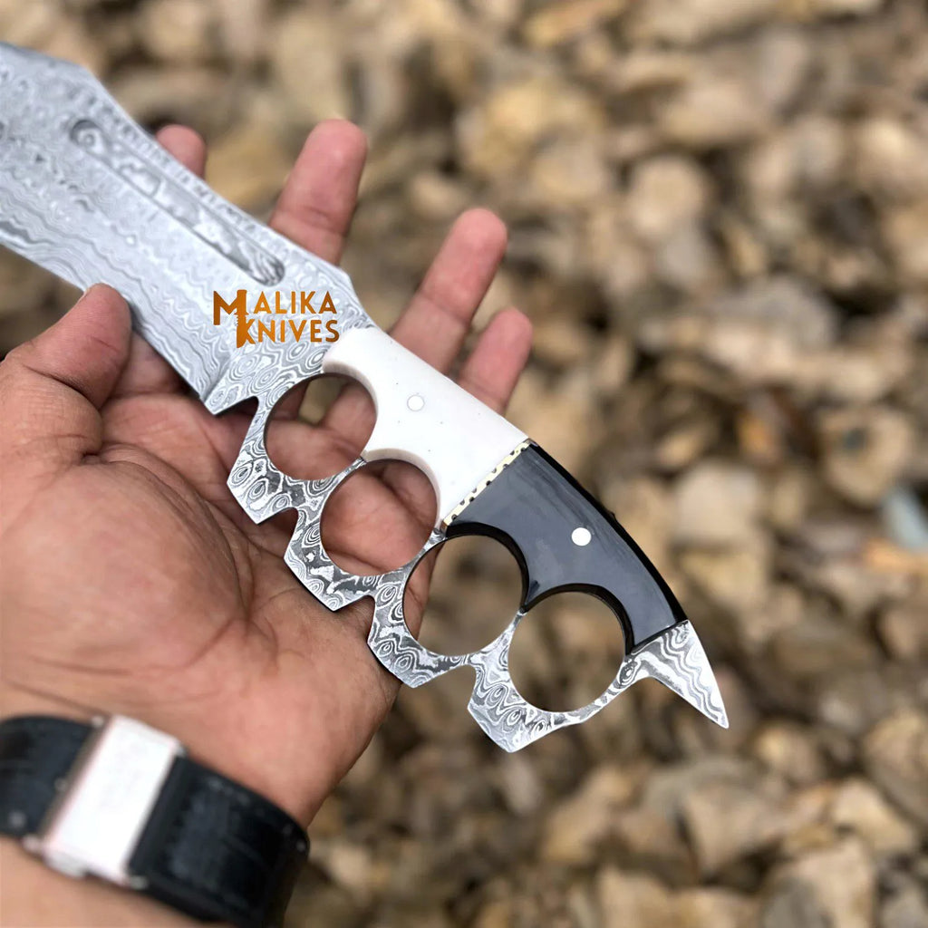 Damascus Knuckle Bowie Knife Resin Handle Leather Sheath