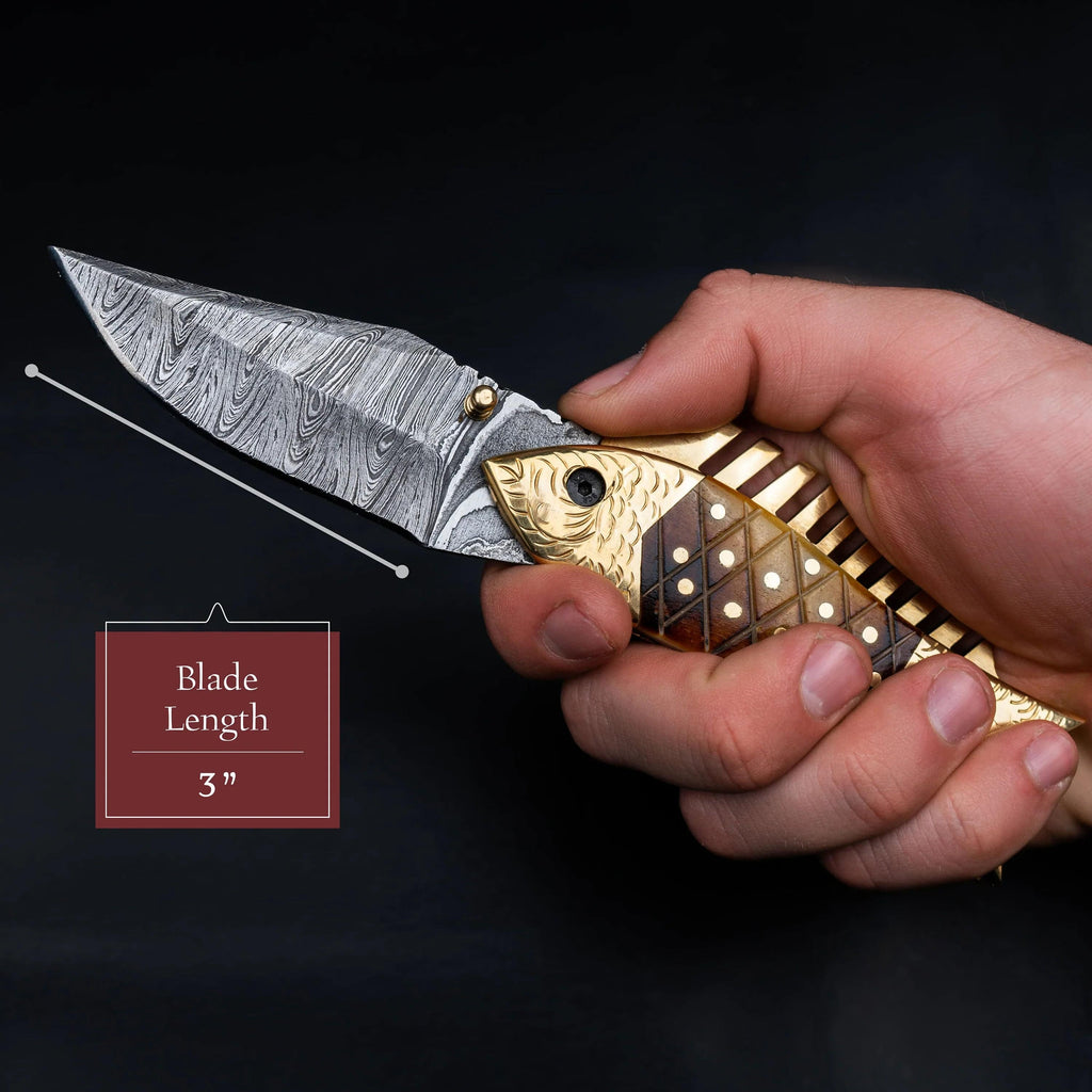 Damascus steel folding pocket knife by cskforged, 7-inch blade with a sleek, polished handle and foldable design for easy carry.