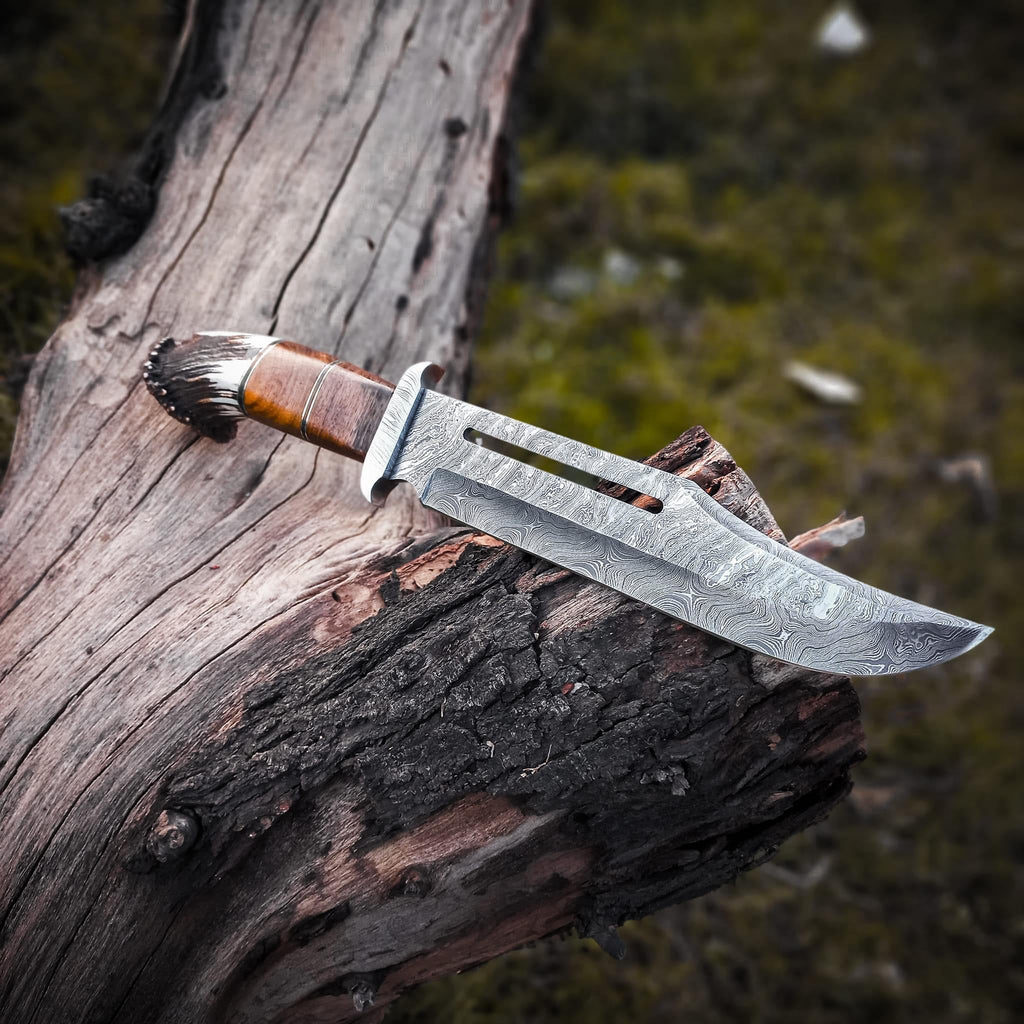 Exquisite Custom Handmade 16” Damascus Steel Bowie Knife with Damascus Guard and Stag Handle, Leather Sheath
