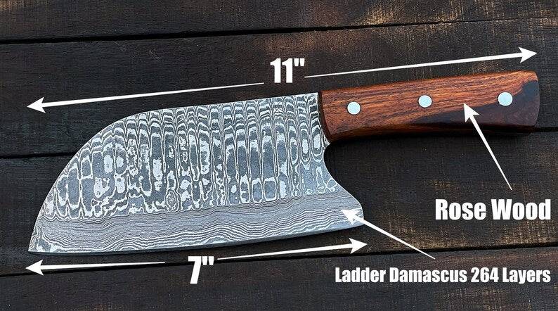 Handmade 10-inch Damascus steel cleaver with rosewood handle and leather sheath, ideal for professional kitchen butchery.