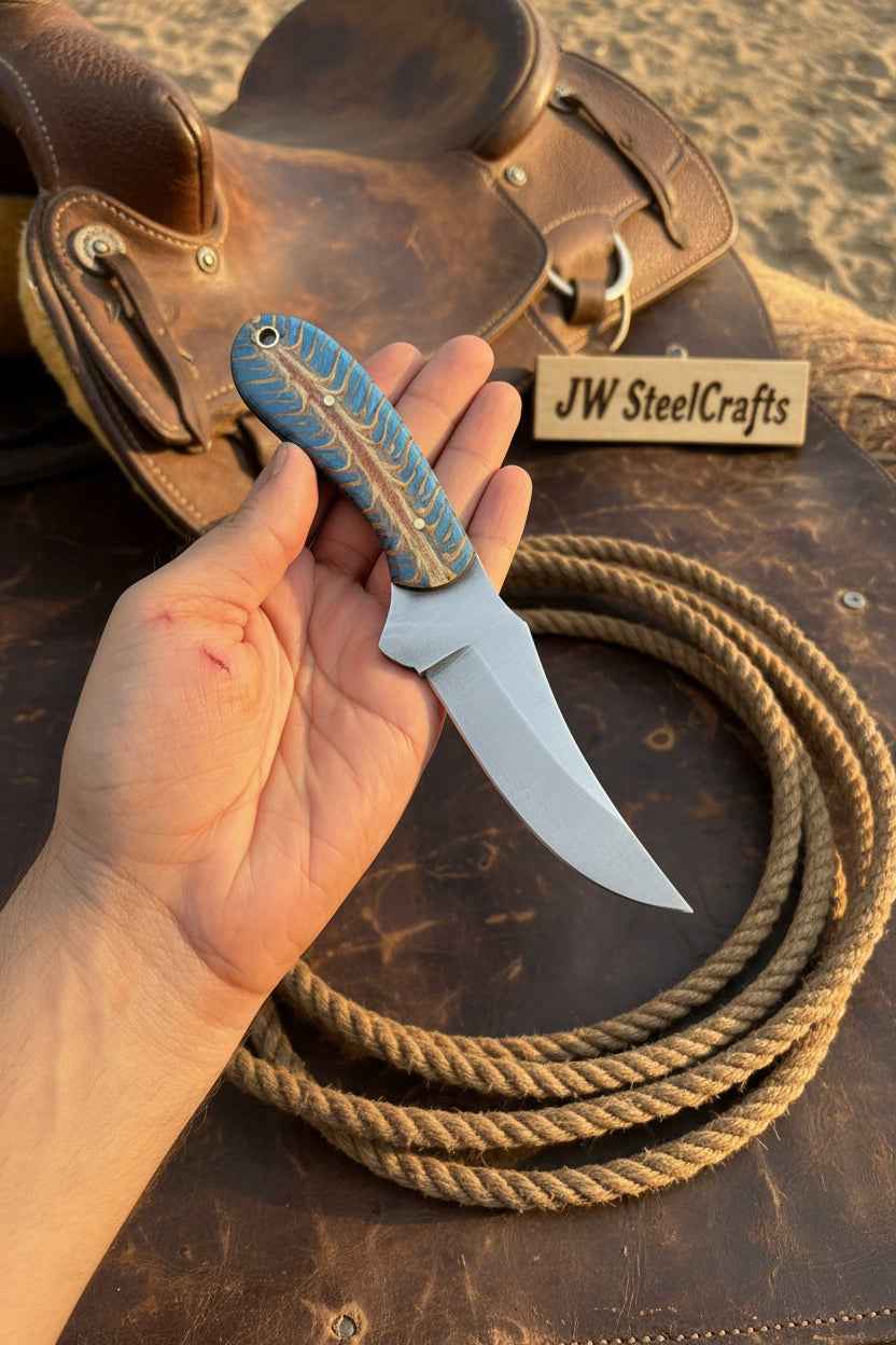 Handmade JW SteelCrafts Antler Ridge Skinner Knife with an 8-inch Damascus blade and stag horn handle.