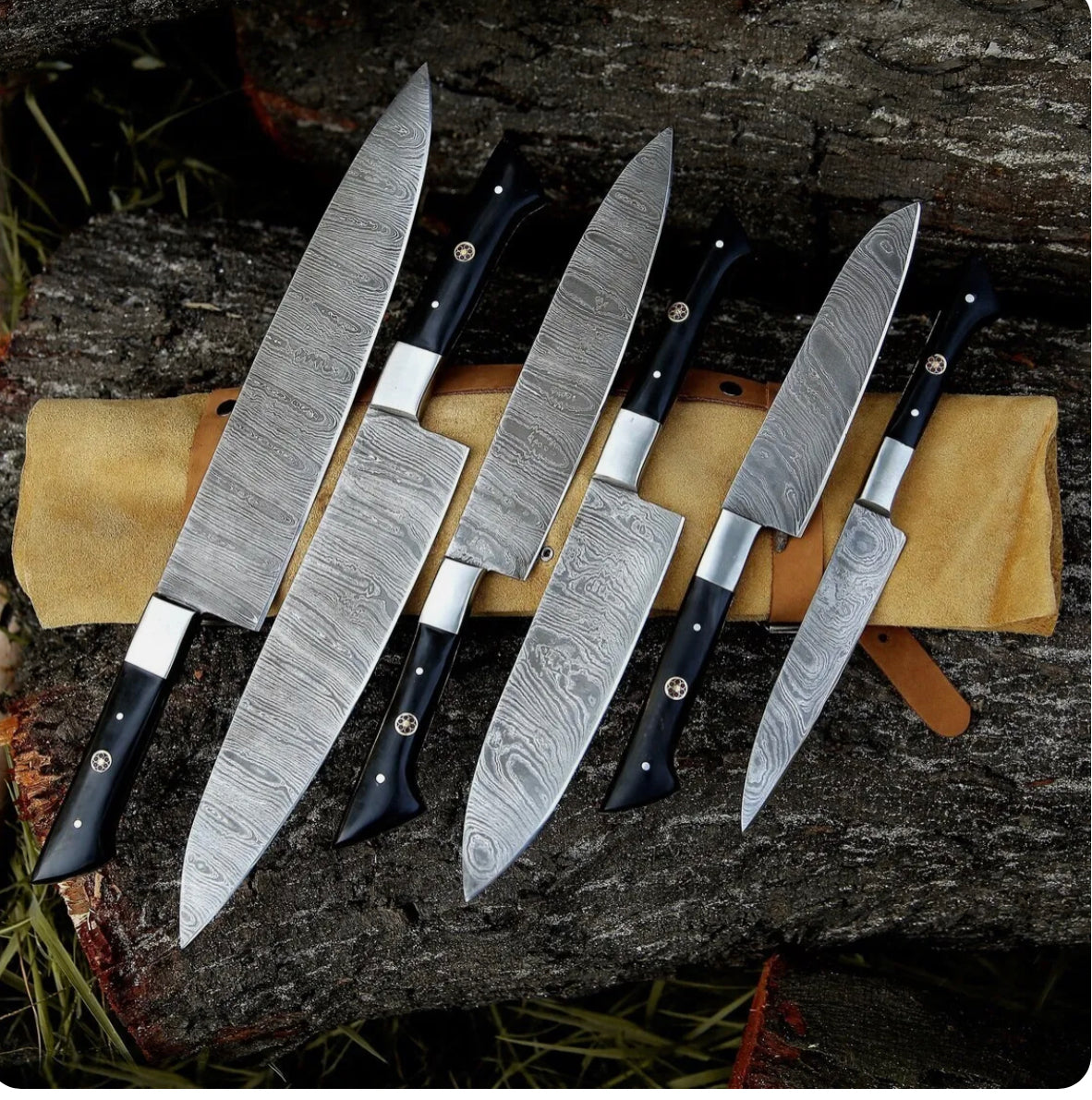 Knife Set for Kitchen – 13" Handmade Damascus Steel Chef Knife with Epoxy Resin Handle & Leather Sheath