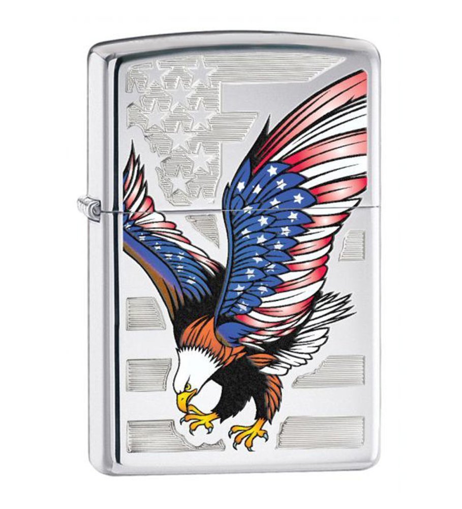 Zippo American Flag Eagle High Polish & Leather Pouch Gift Set #LPGS-LPLBK-28449