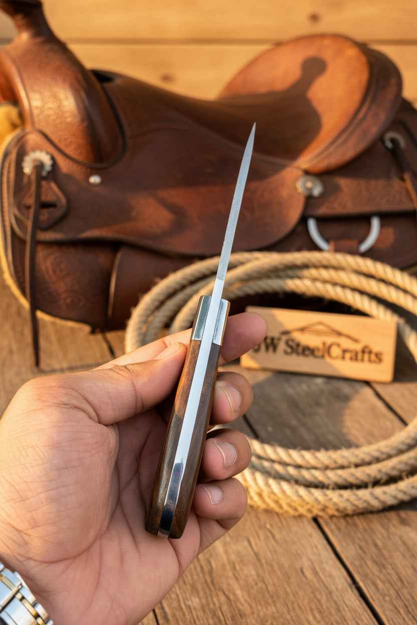 Darkwood Wide Skinner Knife by JW SteelCrafts featuring a 7-inch handmade Damascus blade and dark wood handle.