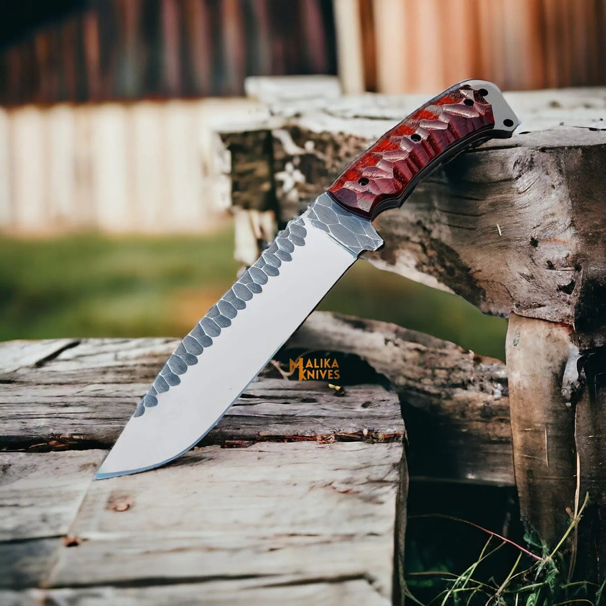 Handforged D2 Bowie Knife with 8-inch blade and G10 handle by MALIKA KNIVES, displayed on a neutral background