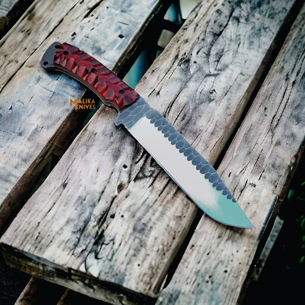 Handforged D2 Bowie Knife with 8-inch blade and G10 handle by MALIKA KNIVES, displayed on a plain background.