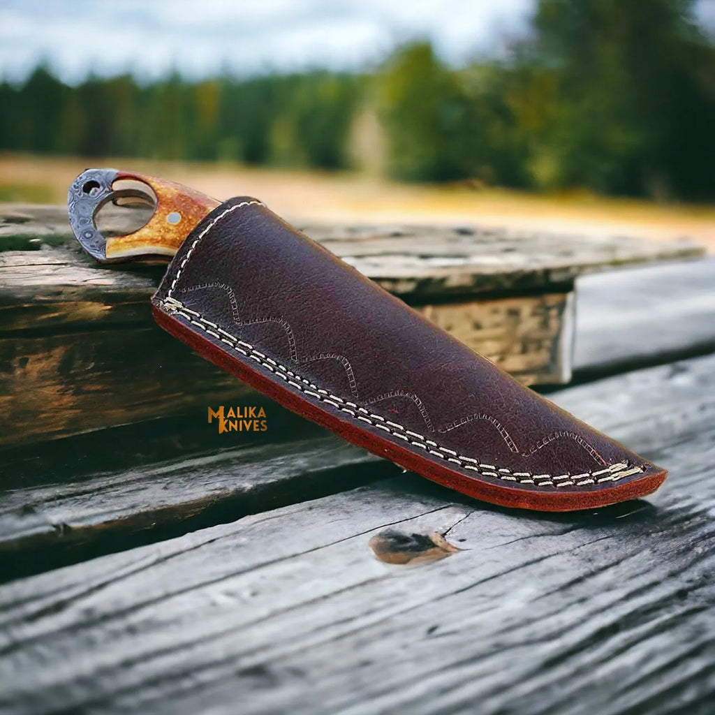 Ringtail Damascus Hunting Knife Camel Bone Handle