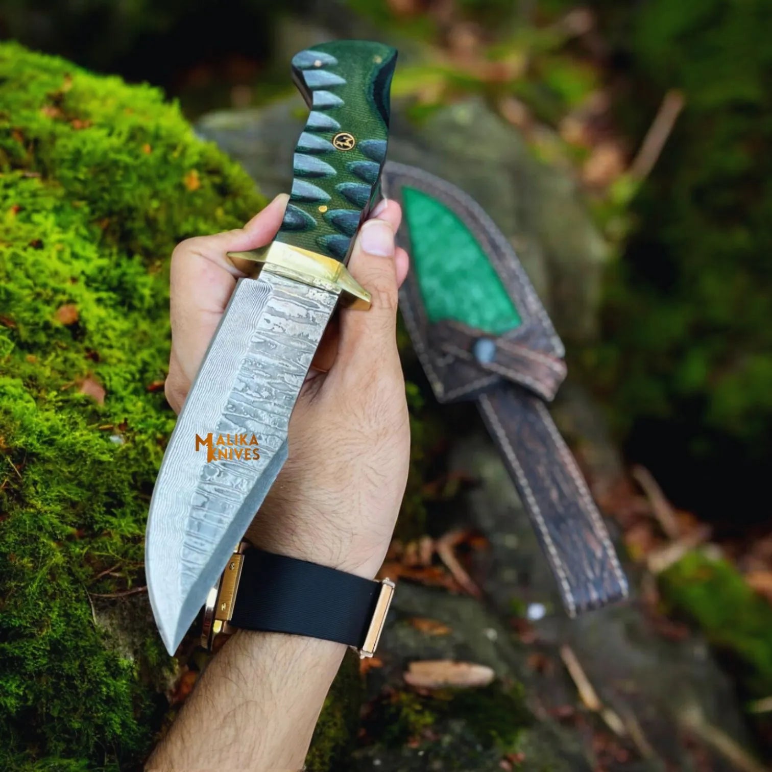Damascus Bowie Hunting Knife with G10 Handle & Leather Sheath