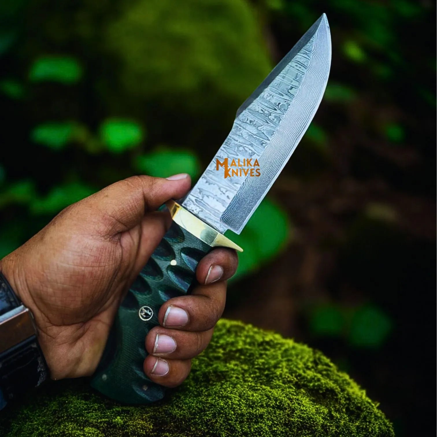 Damascus Bowie Hunting Knife with G10 Handle & Leather Sheath