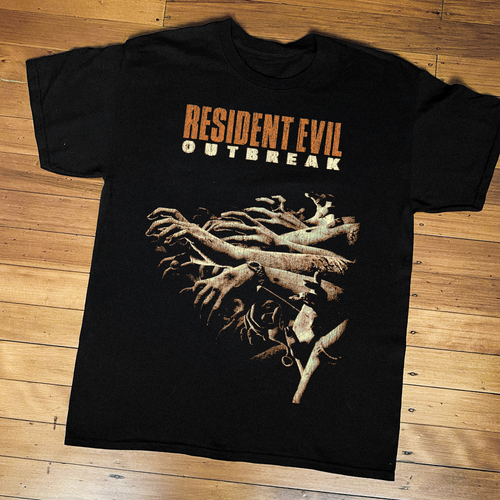 Black Resident Evil Outbreak PS2 T-shirt by Parallel featuring game-themed graphic design on front.