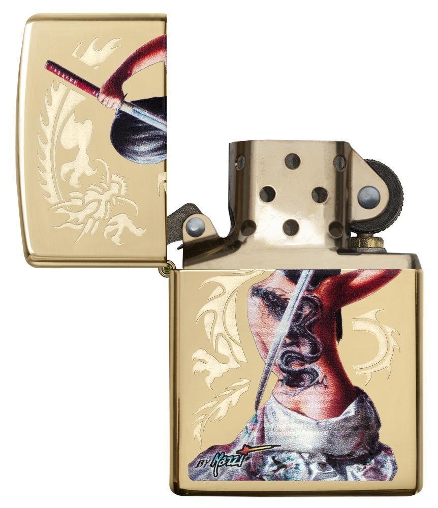 Zippo Mazzi Girl With Dragon Tattoo Samurai, High Polish Brass Lighter #29668