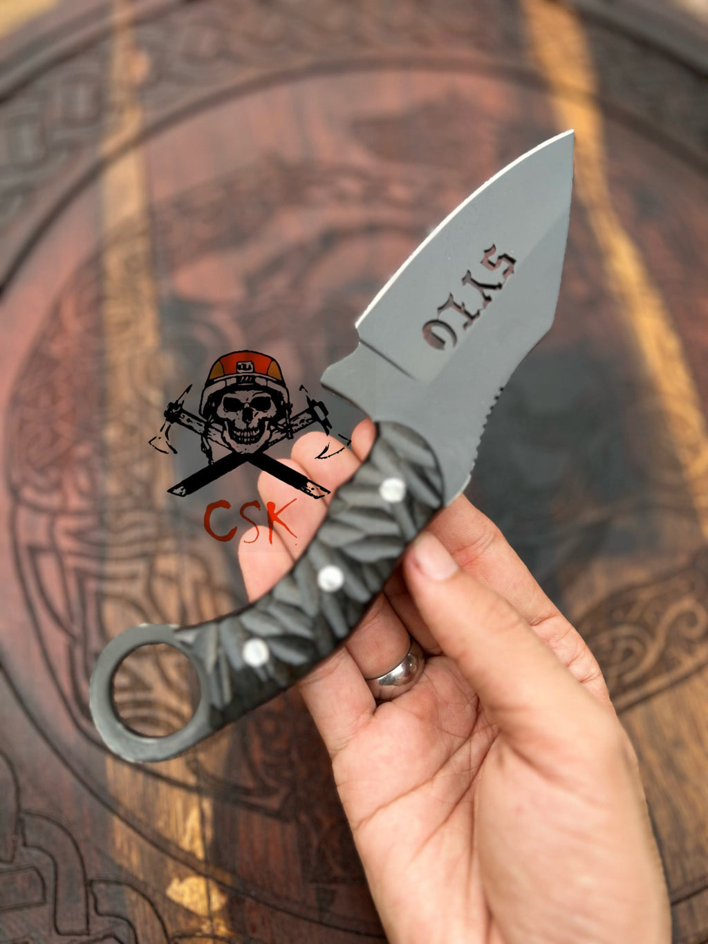 Handmade SYLO-Knife hunting knife with full tang J2 steel ring-tail grip, crafted by cskforged, displayed with detailed blade and handle.