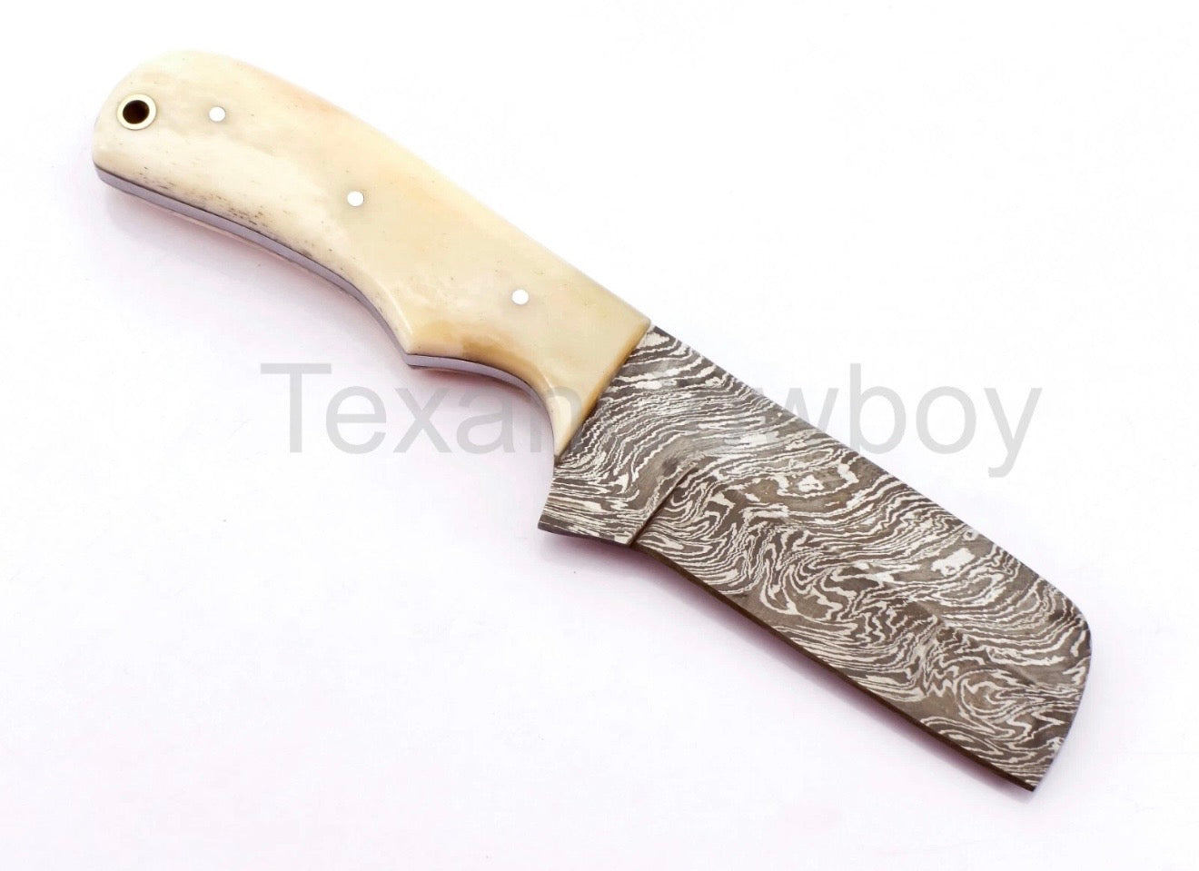 Damascus Camel Bone Tanto Bull Cutter with a Sharp Angular Point
