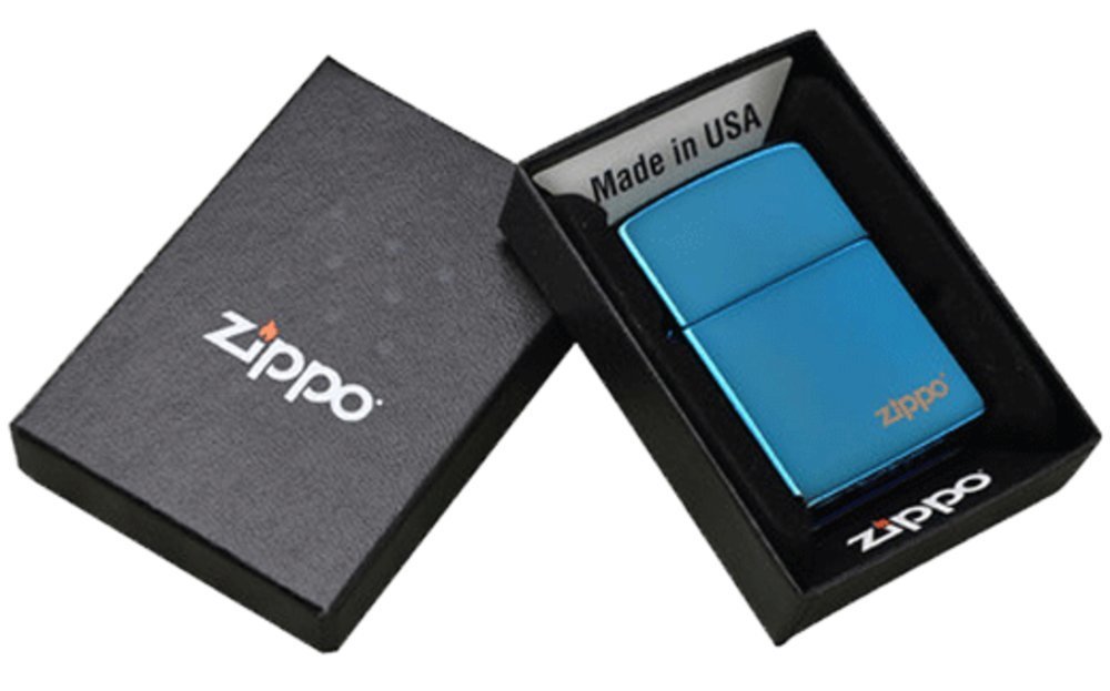 Zippo Sapphire Blue Logo & Leather Pouch Gift Set #LPGS-LPLBK-20446ZL
