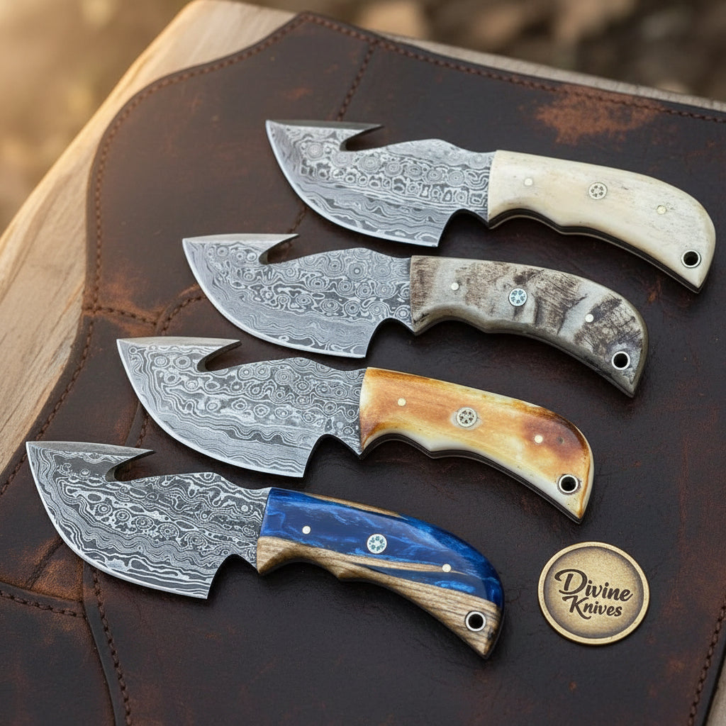 4-Piece Damascus Big Belly Gut Hook Skinner Set