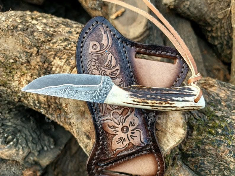 Stag Antler Twist Pattern Skinner Knife with Floral Sheath for Hunters and Outdoor Users