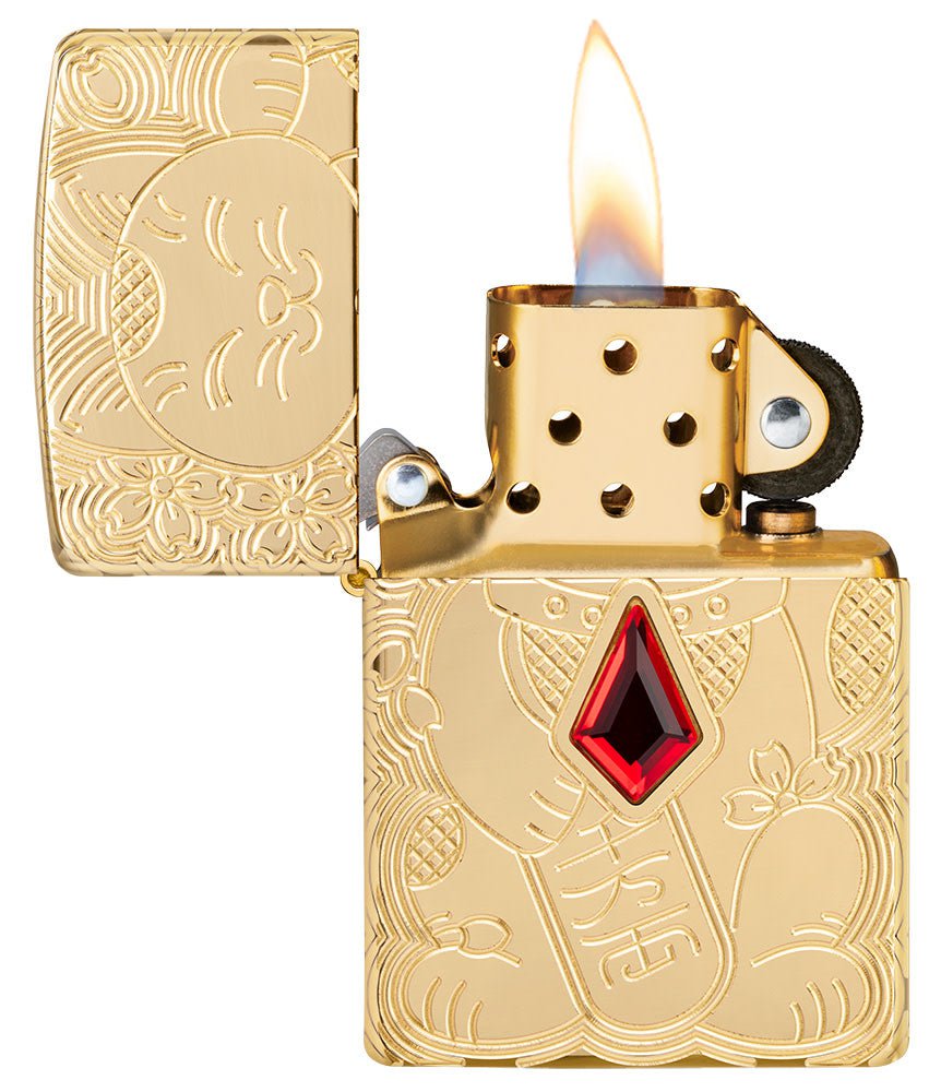 Zippo Armor Lucky Cat Deep Carve Emblem, High Polish Brass Lighter #49802
