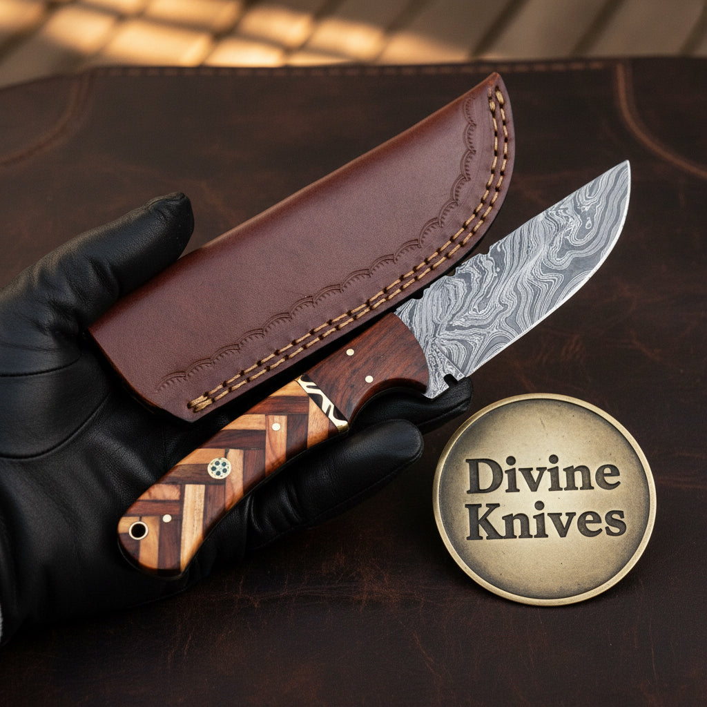 Herringbone Wood Damascus Drop-Point Hunter with Precision Wood Handle