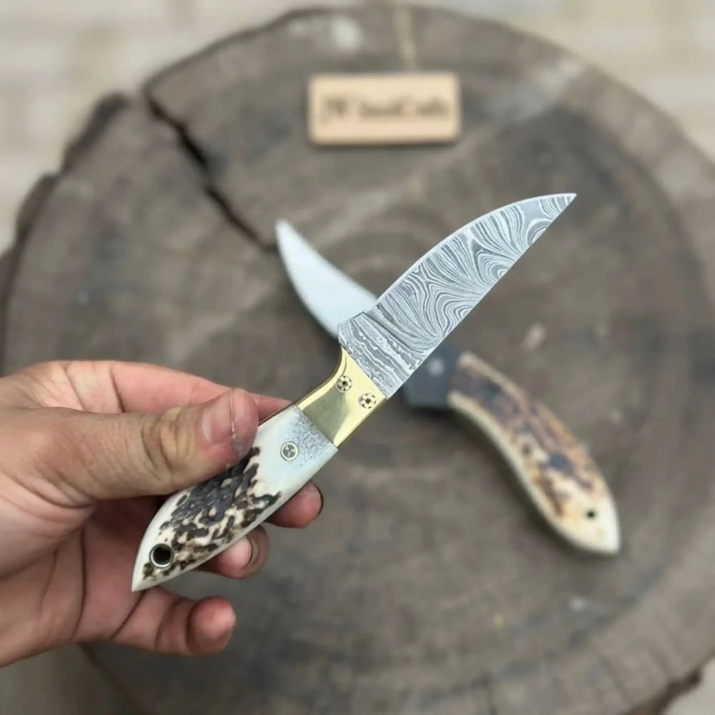Nessmuk Style Knife Set Damascus and Polished Trailing Point Blades Stag Bone Handles