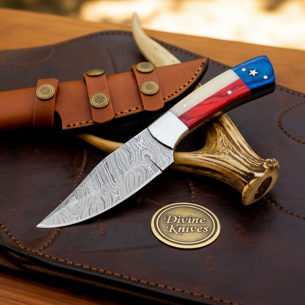 Damascus Texas Star Hunting Knife with Red, White and Blue Handle
