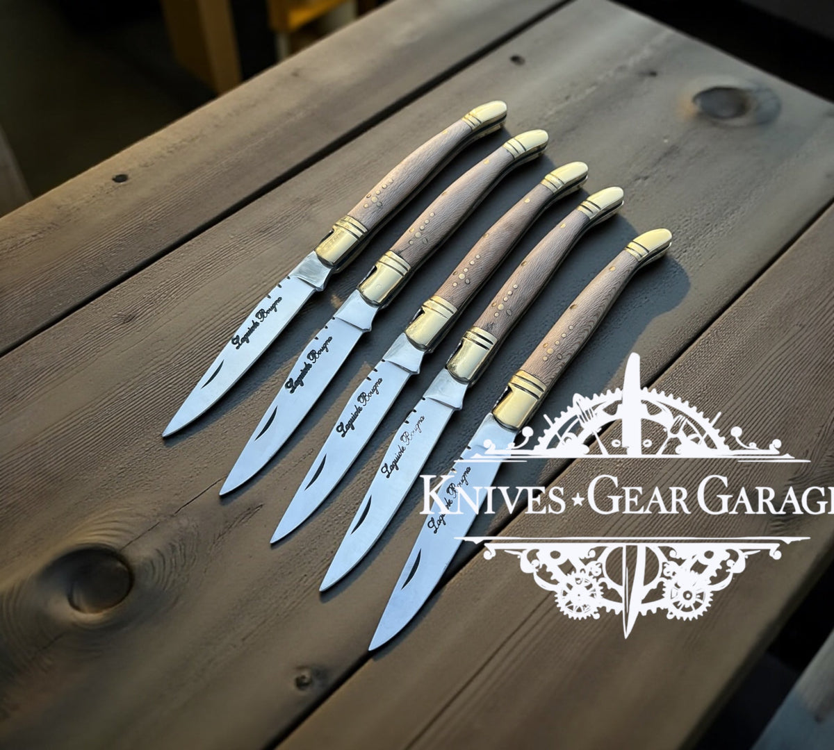 Custom handmade Laguiole Bougna hunting knife by Knives Gear Garage with 10-inch walnut handle, brass bolster, folding design, leather sheath
