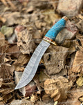 Hunting Bowie knife by Knives Gear Garage with a sharp steel blade and wooden handle, ideal for outdoor survival and hunting.